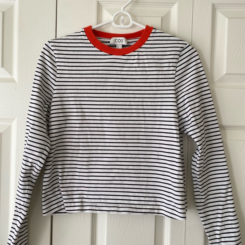 COS Black and White Striped Long Sleeve Tee with Red Collar